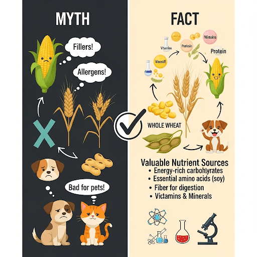 A myth vs. fact infographic about corn, wheat, and soy in pet food.
