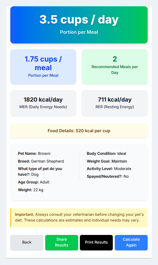 Calculator results: daily portion, per-meal split, MER, RER, food details, and profile summary