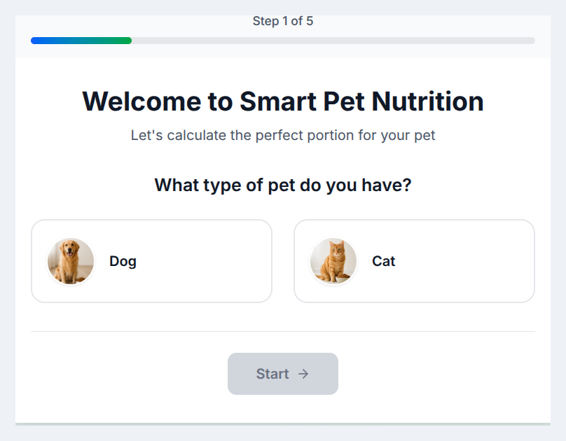 Pet Food Portion Calculator: Step 1 of 5, welcome screen with dog and cat choices