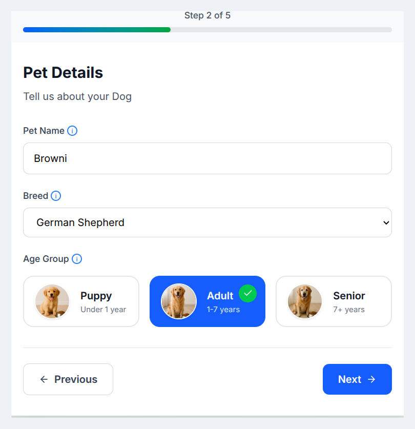 Calculator Step 2: Pet details with breed and age group cards