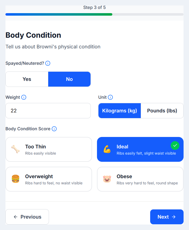 Calculator Step 3: Spay/neuter, weight, unit, and body condition score cards