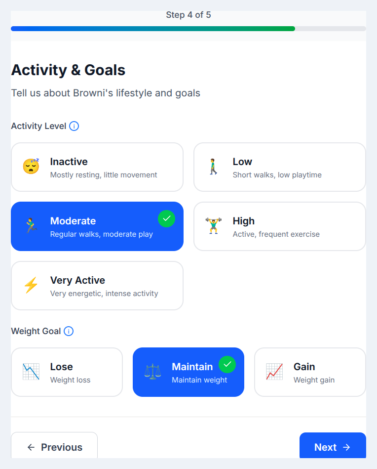 Calculator Step 4: Activity level and weight goal cards