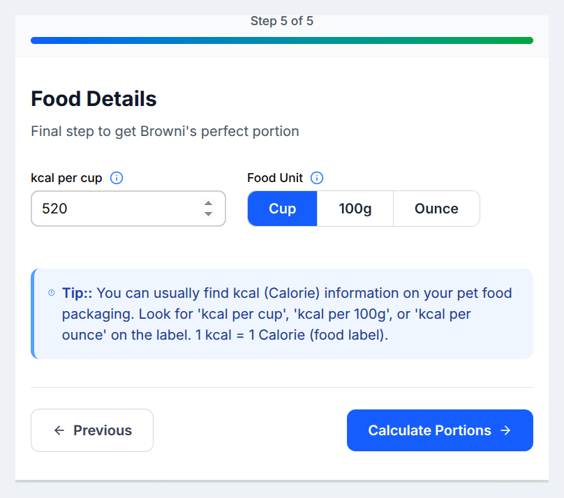 Calculator Step 5: kcal per cup and food unit selector with packaging tip