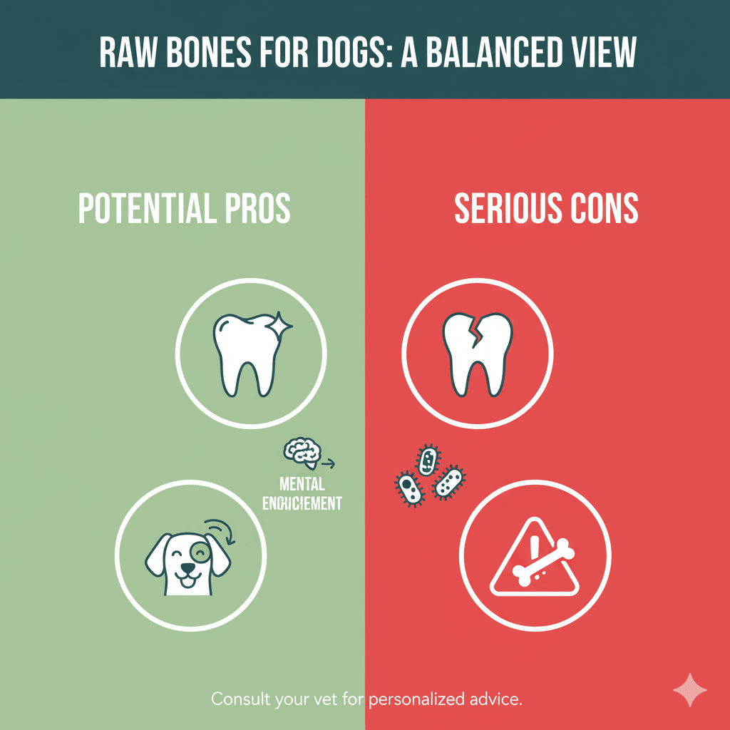 Un'infografica che confronta i pro e i contro di nutrire cani con ossa crude.