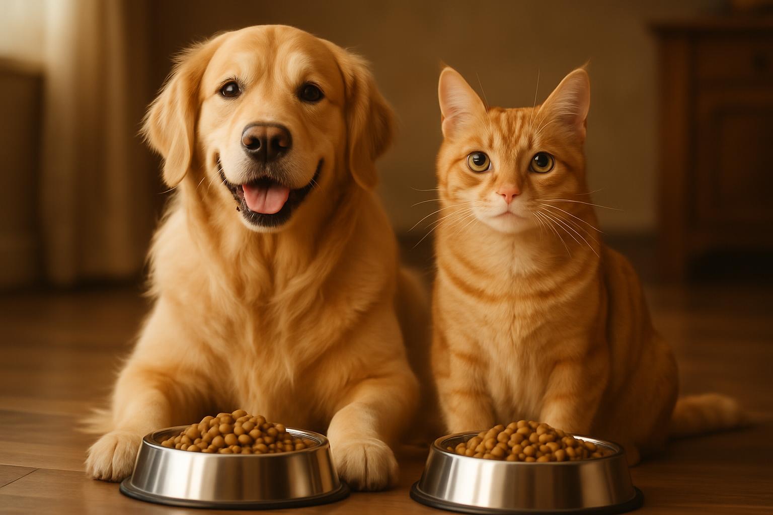 Happy dog and cat with food bowls for smart pet nutrition calculator